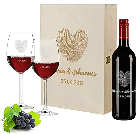 polar-effekt - Juego de regalo de 4 piezas con grabado, botella de vino personalizable de 700 ml, caja de madera y 2 copas de vino, para bodas, romántico, amor, diseño de corazones