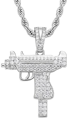 HALOKAIYA ICEDIAMOND Hip Hop UZI Gun Model Iced Out Anhänger mit Kettenhalskette, Full Bling CZ Diamond mit vergoldetem Modeschmuck für Herren (White)