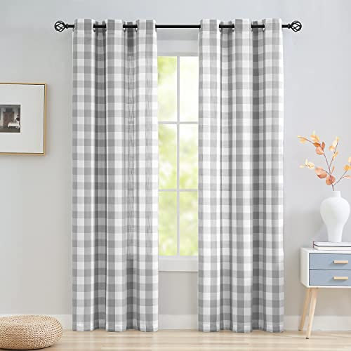 Jubilantex Grau-Weiße Büffelkaro-Vorhänge, Halbtransparent, Gingham-Karo-Muster, Strukturierte Vorhänge, Bauernhaus-Ösen, 2 Bahnen, 101,6 x 213,4 cm, Für Wohnzimmer, Schlafzimmer, Kinderzimmer