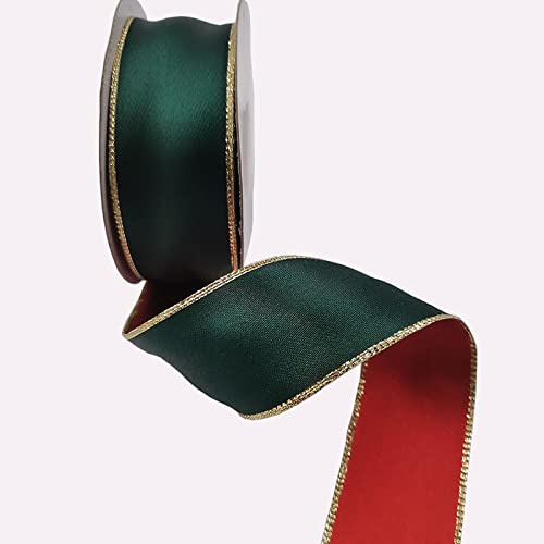 KLTRIBBON Satinband mit Draht, rot-grünes Band mit goldenen Lurex-Rändern für Weihnachten, Geschenkverpackungen, Kränze, Heimdekoration, 3,8 cm x 10 m