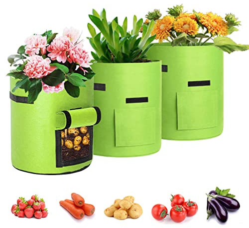LITLANDSTAR 3 Pack Potato Grow Bags - Gardening Plant Growing Bags - Tomato, Carrot Vegetable Planter Container with Window, Felt Plant Growing Bags with Handles Garden Grow Bags(Green), 10 Gallon