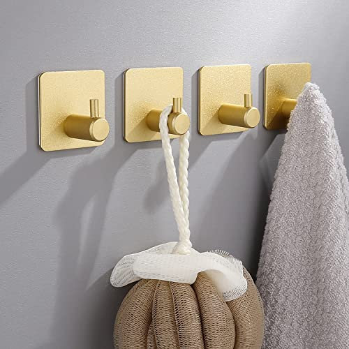 ChangWanna Stainless Steel Self Adhesive Hooks - Gold Finish, 4 Pack, No Drill & No Screw, for Wall, Brick, Door, Kitchen, Bathroom