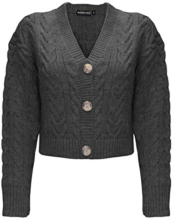 Generation Fashion New Ladies Women’s Knitted Long Sleeve 3 Button Down Cropped Bolero Cardigans Cable Knit Chunky Cardigan Crop Top Short Cardigans [Black,XL]