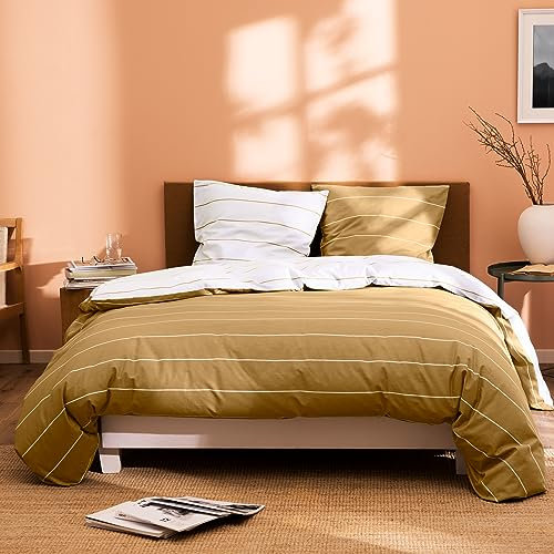 MATT & ROSE Parure de Lit 140x200 cm Stripes Imprimée Réversible | 100% Coton | Oeko-TEX | Housse de Couette 140x200 cm + 1 Taie d'oreiller 65x65 cm | Caramel