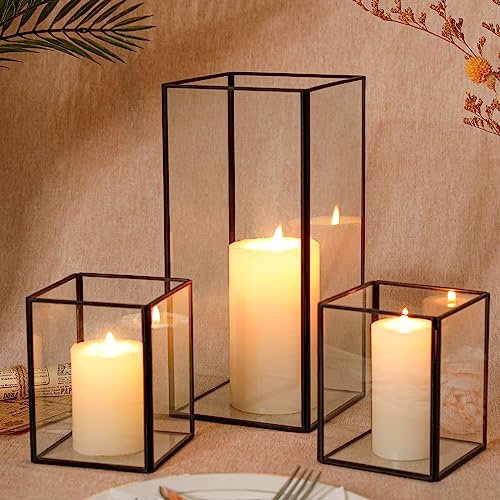 Hurricane Kerzenhalter Set von 3 Kristallglas Kerzenhalter für Tisch Mittelstück mit Metallrahmen Quadratische Schwarze Kerzenhalter für Stumpenkerzen für Hochzeit, Erntedankfest, Weihnachten, Party,