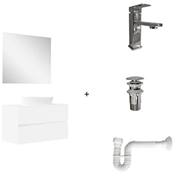 Baikal Pack solución Completa. Incluye: Mueble de Baño, Lavabo cerámico, Grifo, Sifón Extensible y Válvula de desagüe. Mueble MONTADO. Entrega Todo en uno. 2 Cajones con Espejo 90 cm Blanco