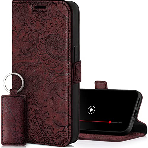 SURAZO Premium Slim Magnet Handyhülle für Samsung Galaxy A54 Hülle Leder – Klappbare Echtleder Schutzhülle [mit Kartenfach, RFID Schutz, Blumenmuster] Klapphülle Wallet Case Cover Lederhülle (Burgund)