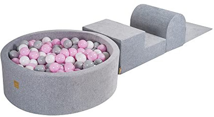 MEOWBABY Parco Giochi in Schiuma con Piscina di Palline 90x30cm/200 Palline per Bambini - Blocchi Morbidi, Velluto, Grigio Chiaro: Grigio/Bianco/Rosa Pastello