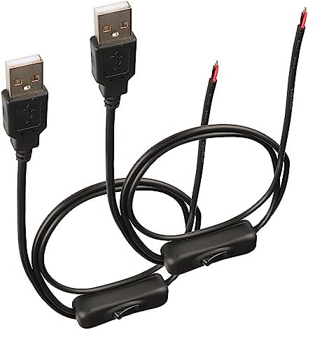 HCFeng DC 2-pin USB Cable with ON/Off Switch USB 2.0 A Male Plug 2 Pin 2 Bare Wire Charge Cable Connector with Power Switch for 5V-12V PC/LED Desk Lamp/USB Fan/LED Strips[black-2PACK/1M/3.3ft]