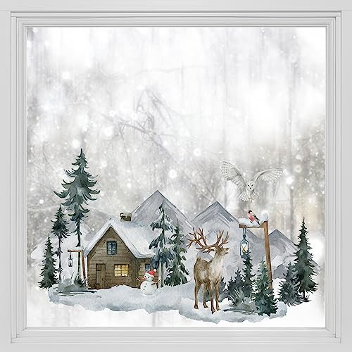 Alwayspon Statische Fensterfolie Privatsphäre, Doppelseitiger Fensteraufkleber, Anti-UV-Glasfolie für Weihnachtsdekoration, Schneemann Hirsch Wald Eule T044