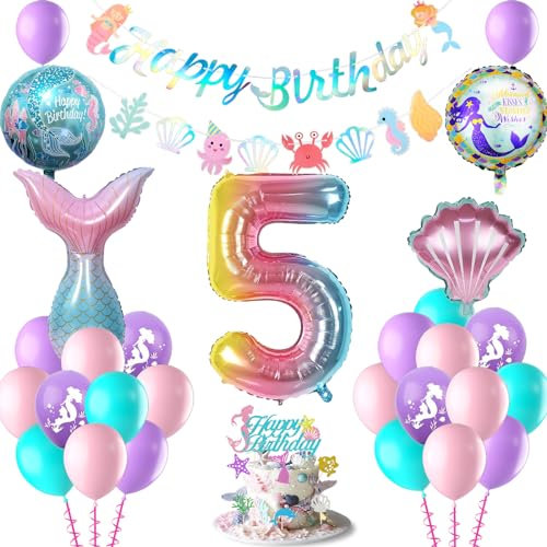 Meerjungfrau Geburtstag Deko 5 Jahre, Meerjungfrau kindergeburtstag deko, Geburtstagsdeko Mädchen 5 Jahre, Happy Birthday Girlande Konfetti-Ballon Tortendeko Meerjungfrau Deko Kindergeburtstag