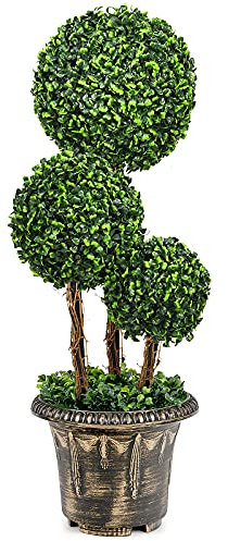 COSTWAY Arbre Artificiel Arbuste avec Feuilles à l'aspect Authentique 75 CM, Fausse Plante 3 Boules en Pot avec Rotin Véritable Résistance aux UV et l'eau Décoration pour Salon Balcon