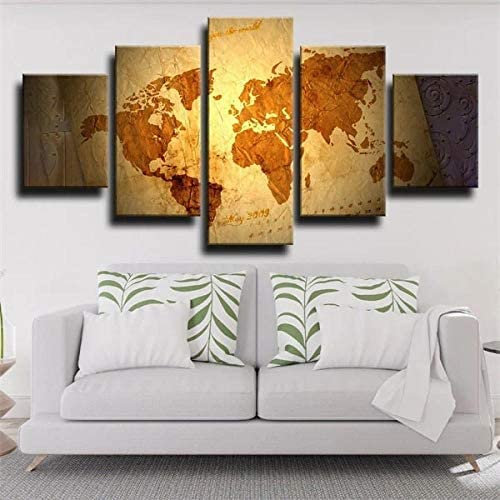 Leinwand Wandkunst, 5 Stück Vintage Weltkarte Braun Rahmenlos 200 X 100 Cm Malerei Hd Poster Ölgemälde Kunst Auf Leinwand Wandbilder For Wohnzimmer Esszimmer Hauptdekoration Leinwand Gemälde