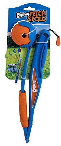 Chuckit! – Fetch & Fold Mini 18M Launcher – Ballwerfer für Hunde – Zusammenklappbarer Hundewerfer – Launcher kompatibel mit mittelgroßen Bällen – Lieferung mit 1 Apportierball Medium