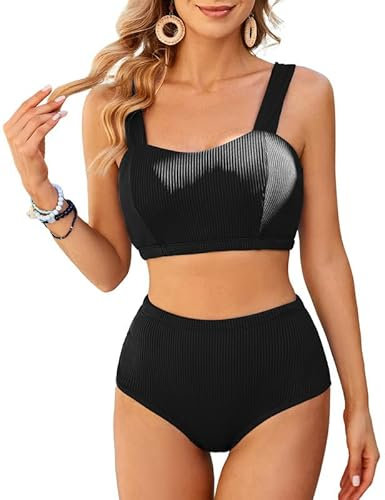 JASAMBAC Sport Bikini Damen, Bikini-Oberteil Und Bauchweg High Waist Bikini-Unterteile Badebekleidung Weiche Bademode Elastische BadeanzüGe Gerippt Bademode Bescheiden Schwimmanzug