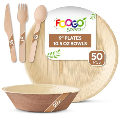 FOOGO Green 250pcs Disposable Palm Leaf Plates, Bowls and Wooden Cutlery Set, FSC® Certified, 50x Large Round Plates, 50x Bowls, 50x Forks, 50x Knives, 50x Spoons, Strong Eco Friendly, Party