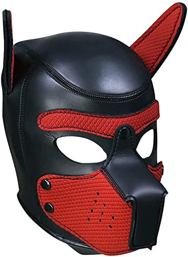 Neopren-Welpen-Kapuzenmaske, abnehmbare Cosplay-Hunde-Vollgesichtsmaske, Halloween-Maske (rot, groß)
