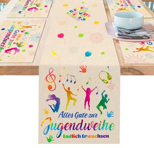 DPKOW Jugendweihe Tischdeko, 5 Stück Jugendweihe Tischläufer Tischset aus Leinen, Wasserabweisend Endlich Erwachsen Tischdecke Tischset Jugendweihe Deko Junge Mädchen Jugendweihe Esstischdekoration