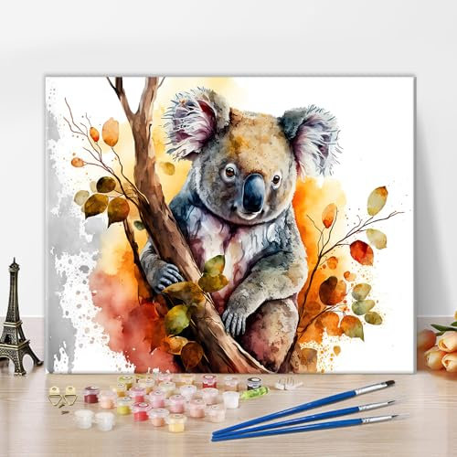 TISHIRON Koala Malen nach Zahlen für Erwachsene Koala im Baum ?lgem?lde Malen nach Zahlen DIY ?lgem?lde auf Leinwand, Malerei mit Pinsel und Pigment Kunsthandwerk, 16x20 Zoll, rahmenlos