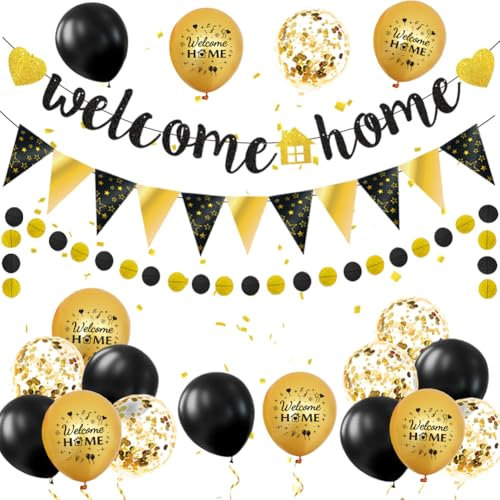 Willkommen Zuhause Deko Welcome Home Banner Welcome Back Girlande Herzlich Willkommen Zurück Dekoration für Zuhause Baby Geburt Showerparty (Schwarz Gold)