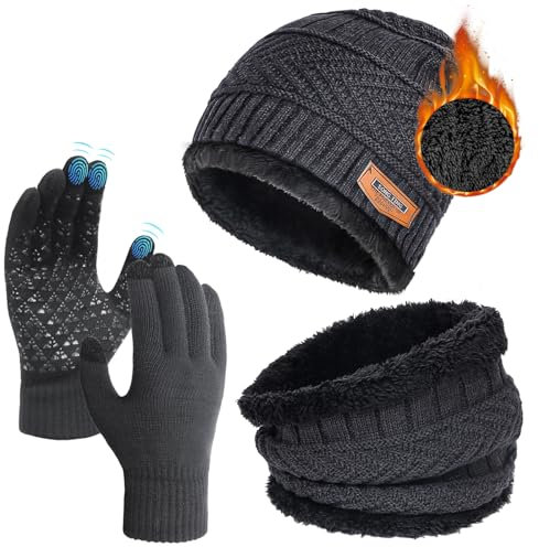 YLXQJIN Winter Warm Mütze, Schal & Handschuh-Sets für Damen Herren, Winter Beanie Mütze, Touchscreen Handschuhe, Winter Warm Loop Schal mit Fleece Gefütterte, Geschenk Damen Herren Weihnachten (Grau)