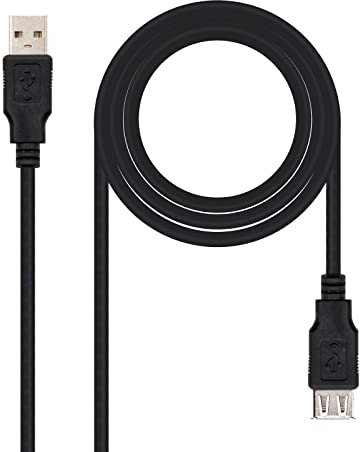 Cable USB 2.0 tipo A macho a A hembra, color negro, longitud de 1.8 metros, ideal para extender la conexión entre dispositivos.