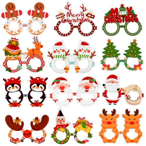 Ainiv Weihnachtsbrillen, 12 Stück Partybrillen Set, Kreative Papier Weihnachten Brillen Party Gläser Cartoon Nette Sortierte Kinder Partybrillen Lustige Brille für Partydekoration