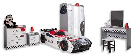 Aileenstore Kinderzimmer Komplett Set Jugendzimmer Kindermöbel 5 teilig mit Autobett Police (inkl. Matratze)