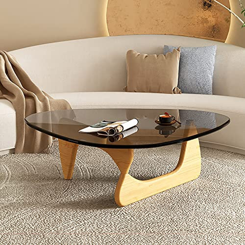 Table basse triangulaire moderne avec plateau en verre avec base en bois pour salon, maison, bureau, petite table centrale du milieu du siècle (gris naturel, 91,4 x 64,8 x 40,6 cm)