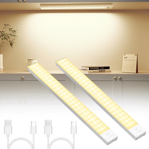 OUILA Unterbauleuchte Küche LED 2 Stück 32CM Schrankbeleuchtung USB Wiederaufladbar Magnetische Lampe Kabellos Schranklicht mit Bewegungsmelder für Schlafzimmer, Werkstatt (Warmweiß)