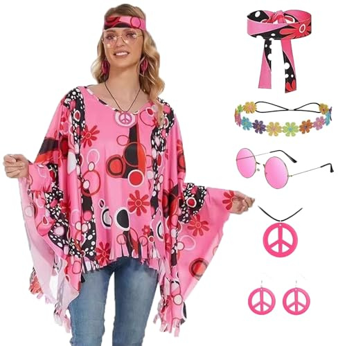 JINGTOPS Costume Hippie des Années 70 pour Femme Costume de Carnaval avec Bandeau de Fleurs Tie-dye Poncho Deguisement Disco pour Carnaval Halloween, Taille Unique pour Adultes (rose)