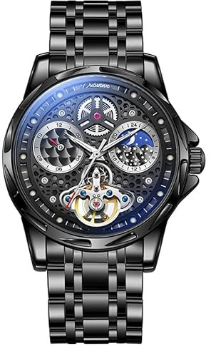 DAXIAOYU Schwarze Tourbillon Skelett Herren Automatik Mechanische Armbanduhr Multifunktionale Mondphasen Leuchtend Wasserdicht Luxus Business Uhren, Schwarzer Stahl, Luxuriös