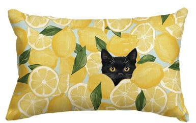 Artoid Mode Schwarze Katze Zitrone Blätter Sommer Kissenbezug, 30x50 cm Frühling Saisonnal Zierkissenbezug Cushion Cover Couch Wohnzimmer Deko