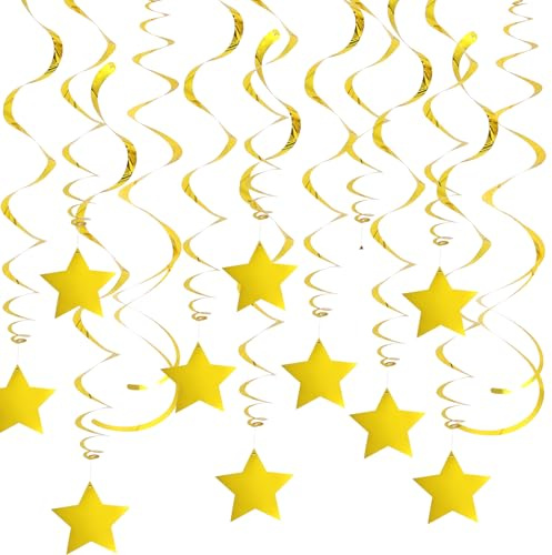 32 Stück Gold Wirbel Deko, Stern Spiralen,Stern DoppelSpiral Deko Girlande Folien Deckenhänger für Geburtstag, Hochzeit, Silvester oder Karneval Partydeko