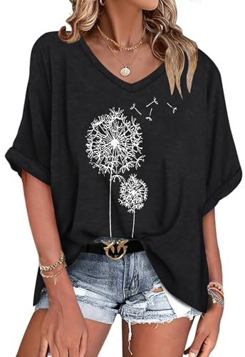 WNEEDU Maglietta Donna Estate Collo a V Oversize T Shirt Manica Corta Camicetta Estiva Camicia Allentata Leggera e Ariosa Tarassaco Bianco XXL