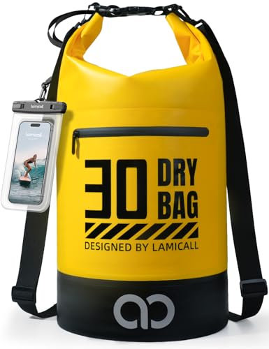 Lamicall Dry Bag, Waterproof Bag - [Robust & Anti-Scratch] 5L/10L/20L/30L/40L Waterproof Backpack with 100% Water Proof Phone Pouch, Floatable Drybag for Boat Swimming Kayaking Camping - Yellow(30L)