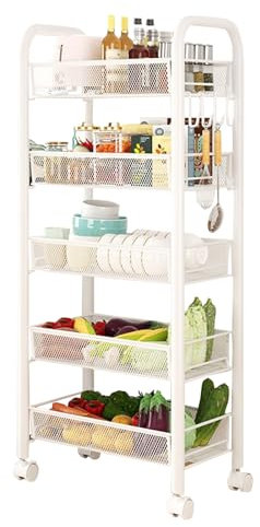 Creperture Estantería para Verduras para Cocina, 5 Niveles Carrito de Cocina, Cesta de Frutas, Estante de Metal con Ruedas y 4 Ganchos para Cocina, Baño, Dormitorio, Oficina, Blanco