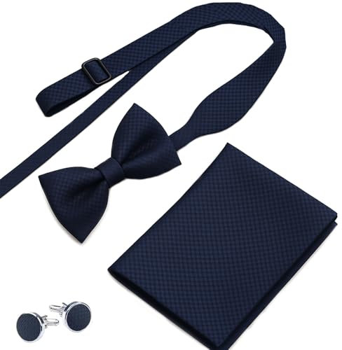 Scinzene Fliege Blau Herren mit Einstecktuch und Manschettenknöpfe - Vorgebundene Dunkelblaue Fliege für Anzug, Hochzeiten und formelle Events - 3-teiliges Accessoire-Set