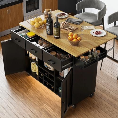 Carro de Cocina Cayipng, Isla de Cocina de Madera con encimera abatible, toallero y especiero, Carro de Comedor con 3 cajones y almacenaje, Negro
