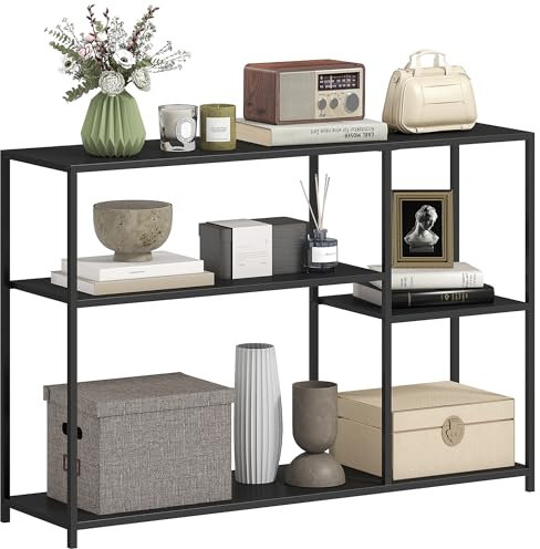 HOMCOM Konsolentisch Flurtisch mit 4 Ablagen, Beistelltisch mit Stahlrahmen, Metallregal für Kleinen Raum, Eingang, Flur, Wohnzimmer, 110 x 30 x 75 cm Schwarz