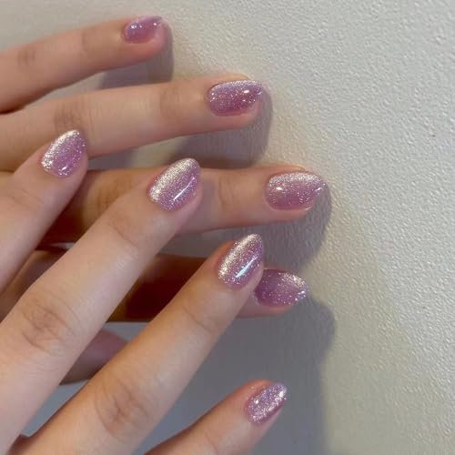 French False Nail Tips - 24pcs Almond Purple Cat Eye False Nails - Strong Fake Nails with Glue on Nails for Women - 12 Sizes Short Stick on French Tip - Full Cover