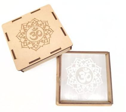 Prajet Selenite Square Plate for Energy Healing & Meditation | Crystal Charging Plate | Spiritual Home Decor | for Smudging, Healing, Recharging Crystals (OM)