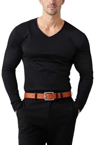 Muhshoiy Herren V-Ausschnitt Rippstrick Langarm Thermo-T-Shirt, Muskel Henley Shirt, Pullover Casual Unterhemden, Vielseitig für Freizeit, Outdoor
