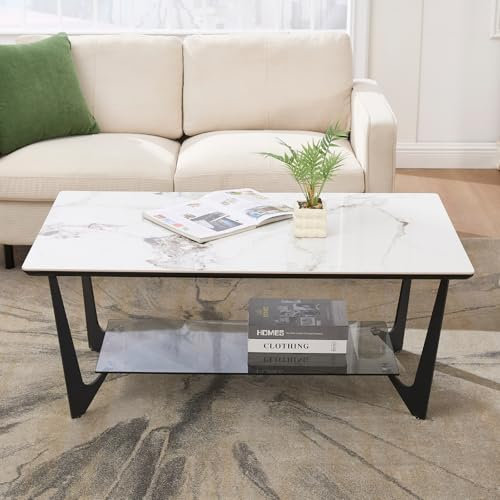 Ya-Home Couchtisch aus Metall Kaffeetisch mit Keramikoberfläche modern Sofatisch quadratisch mit Glasablage für Wohnzimmer, 46x100x60cm (HxBxT), Weiß