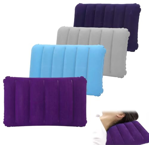 4 Piezas Almohada Hinchable Flocada, 47 x 30cm, Ultraligera y Portátil | Almohada Hinchable Camping, Ergonómico Suave Cojines Hinchables Playa para Acampar, Playa, Viajes Largos, Pesca, Oficina