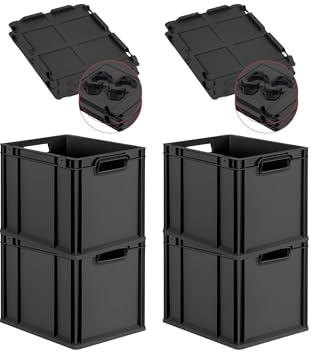 PROREGAL SuperSparSet 4x Eurobox NextGen Grip mit Auflagedeckel & 4 schwarzen Schiebeschnappverschlüssen, HxBxT 32x30x40cm, 30L, Schwarz, Griffe offen, Eurobehälter, Transportbox, Transportbehälter