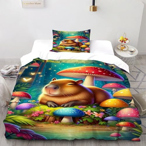 LOVEROGD Capybara-Pilz Bettwäsche 3 Teilig Animal Theme Bettbezüge Kissenbezug Betten Set Für Jungen Und Mädchen,Kinder Single（135x200cm）