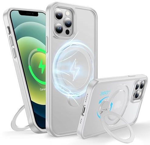 FNDMIL 360° Rotatable Magnetic Ring for iPhone 12/12 Pro Case with MagSafe | [Non-slip Texture][Built-in Kickstand][Military Shockproof]Translucent Matte Silicone Bumper Slim,White
