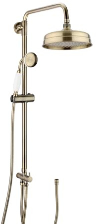 ENKI, Dune, RG076, Antique Brass, Dual Rigid Riser Rail Kit with Traditional Brass Overhead Shower and Handset, for Exposed Installation, 1 Year Guarantee
