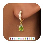 ZNBOH Pendientes Dorados Mujer Oro 18 kilates Hipoalergenicos Pequeños Pendientes Colgantes con Circonita Piedra de nacimiento Amatista Esmeralda Aguamarina Piercing Oreja Joyería Regalo Cumpleaños